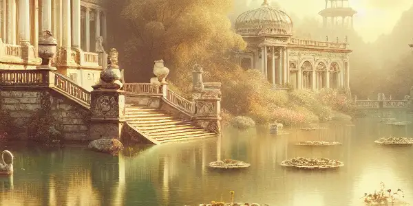 A lush garden scene of the Old Summer Palace, featuring ruins and a statue symbolizing cultural heritage.