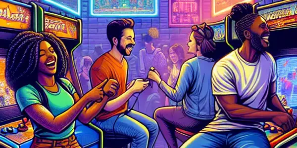 A lively retro arcade scene filled with colorful machines and joyful players celebrating classic video games.