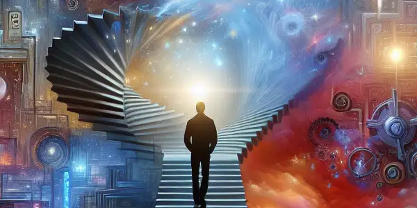 A character stands between a vibrant cityscape and a surreal dreamlike landscape filled with philosophical symbols.