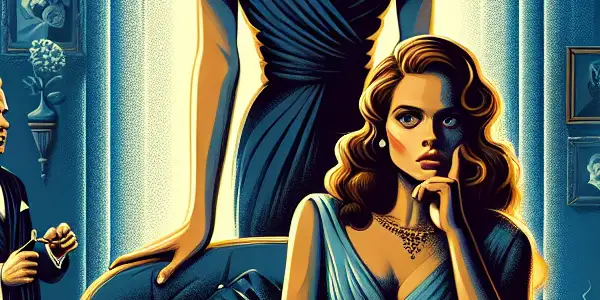 A tense movie poster depicting a middle-aged man and his alluring sister-in-law in a dimly lit living room.