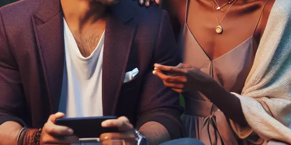 A couple enjoys a playful outdoor picnic at twilight, surrounded by romantic snacks and fairy lights.
