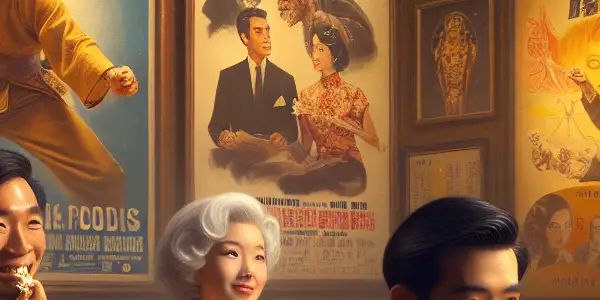 A nostalgic cinema scene featuring diverse people enjoying films, vintage posters, and classic movie memorabilia from the 60s to 90s.