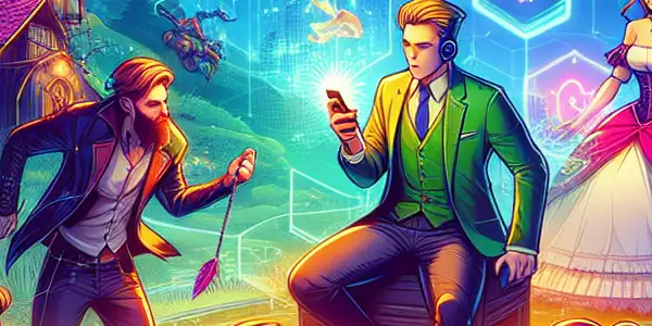 A vibrant virtual gaming world with diverse players engaged in exciting adult-themed mobile games amidst a fantasy landscape.