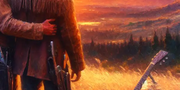 Two rugged cowboys embrace on a mountain ridge at sunset, surrounded by wildflowers, reflecting love and longing.