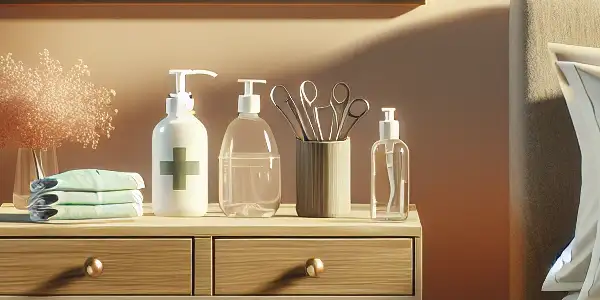 A serene room with soft lighting, safety items, and gentle hands symbolizing trust and communication.