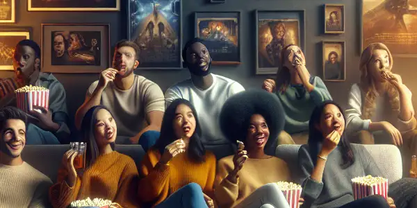 A cozy home theater scene with diverse friends enjoying classic films, sharing popcorn, and surrounded by movie memorabilia.