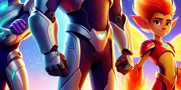 A heroic robot and his sprite companions stand confidently in a colorful outer space landscape, facing a looming villain.