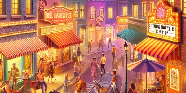 A vibrant night scene in Jianye Film Town, featuring families enjoying retro-themed storefronts and a colorful light show.