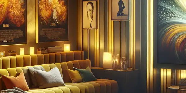 A cozy home theater with a large screen displaying abstract yellow visuals, popcorn, and inviting seating.