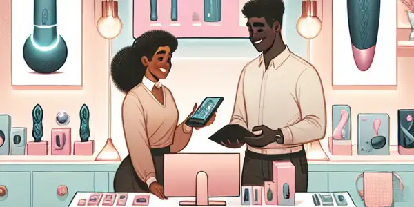 A modern adult toy store interior featuring innovative products, warm lighting, and a welcoming atmosphere.