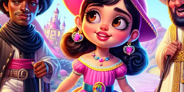 A young girl named Peaches explores a whimsical, colorful landscape filled with quirky characters and oversized fruits.