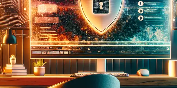 A cozy room featuring a computer desk with a safe adult content platform, warm lighting, and inviting decor.