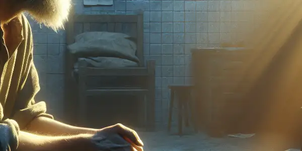 A solitary man in a dim prison cell gazes out a window, symbolizing hope and redemption amidst struggle.