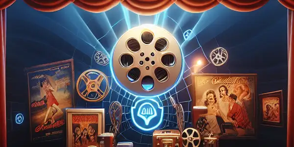 A vintage cinema scene featuring a classic film reel, plush seats, and digital security symbols in a warm, inviting atmosphere.