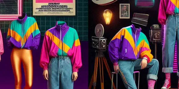 A lively film set blending 1980s nostalgia with modern technology, featuring retro fashion, neon lights, and iconic film posters.