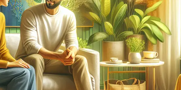 A cozy living space with a couple discussing wellness, surrounded by health supplements, fruits, and vibrant plants.