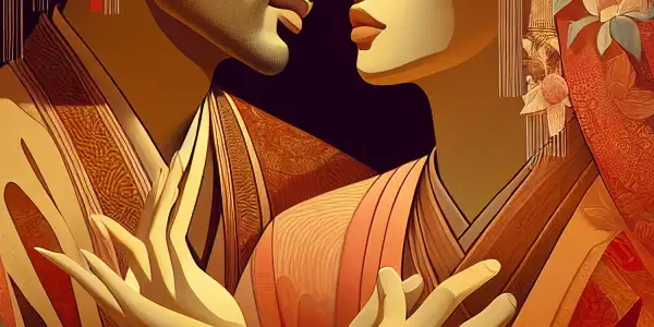 Two stylized characters in an intimate embrace, surrounded by a warm, cozy atmosphere.