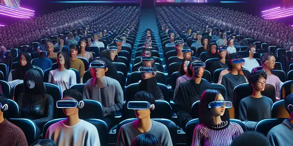 A futuristic cinema filled with a diverse audience immersed in avant-garde Japanese film, surrounded by neon lights and holographic displays.