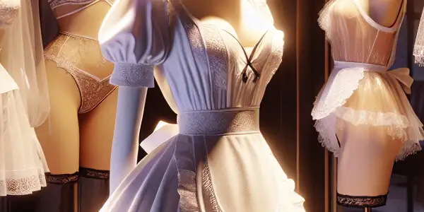 A stylish room showcasing elegant adult video costumes, including a nurse uniform and maid outfit, with soft ambient lighting.