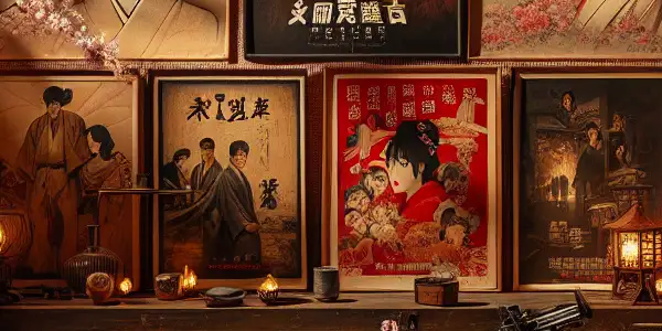 A sophisticated Japanese room featuring classic AV movie posters, cherry blossoms, and a vintage film projector.