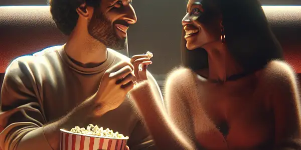 A couple enjoys a cozy cinema date, sharing popcorn in a dimly lit, romantic setting.