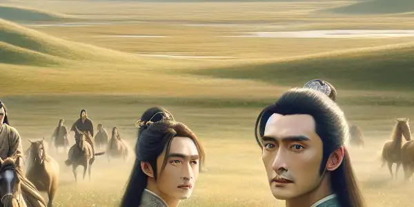 A young couple in traditional clothing stands in a grassy landscape, with galloping horses and distant mountains.