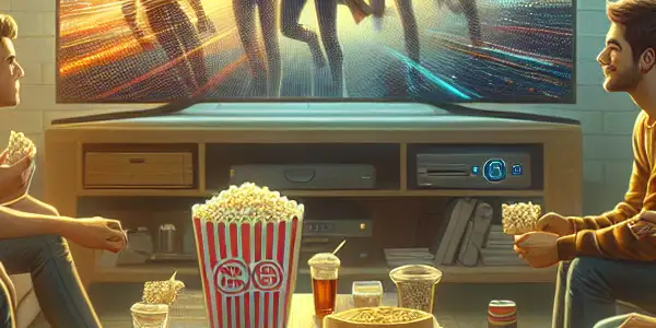 A cozy living room with friends enjoying a movie, surrounded by snacks and warm lighting.