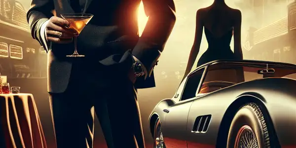 A suave secret agent in a tuxedo stands confidently by an Aston Martin in a luxurious casino setting.