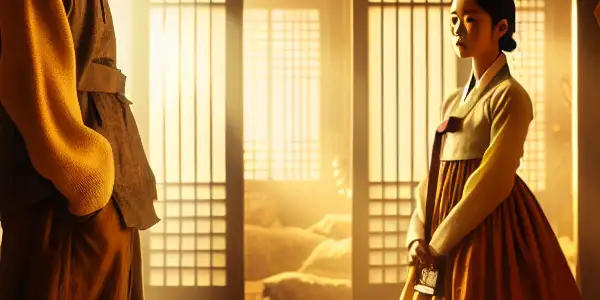 A tense moment between a conflicted man and his kind sister-in-law in a cozy Korean home.