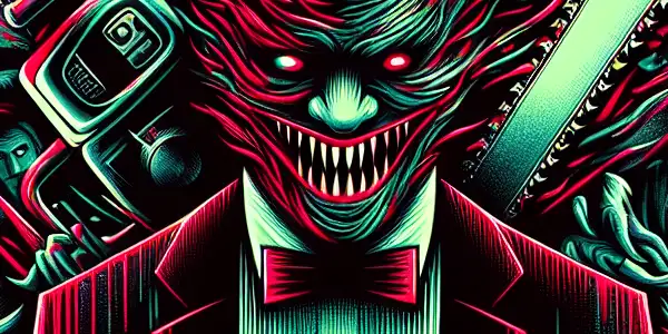 A dark, intense movie poster featuring horror elements, shadowy figures, and a humorous caricature with a cocktail.