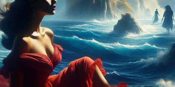 A woman named Lucía in a vibrant red dress stands on a sunlit island, surrounded by deep blue sea and shadowy figures.