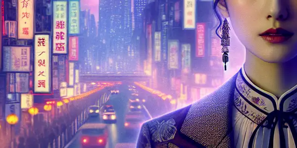 A mysterious woman in an alluring outfit gazes at the viewer amidst neon-lit city streets and cherry blossoms.