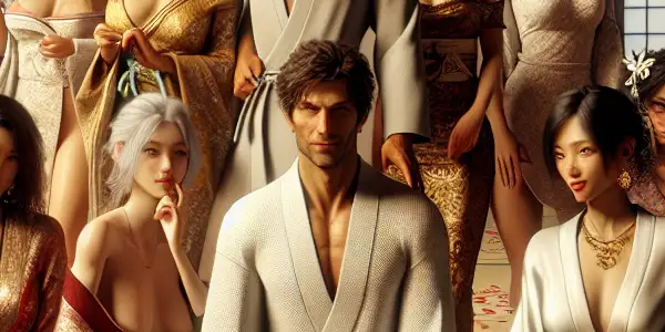 A charismatic man surrounded by elegantly dressed women in a luxurious, intimate Japanese-inspired harem setting.