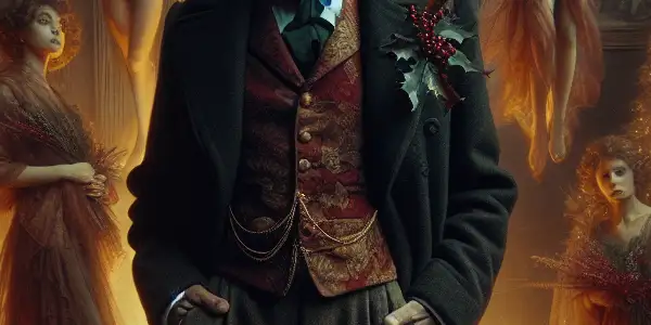 Ebenezer Scrooge in a dimly lit room, surrounded by ethereal spirits and Christmas decorations, blending warmth with intrigue.