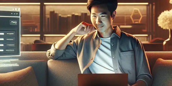 A cozy home office with a person watching films on a laptop, surrounded by warm lighting and books on digital safety.