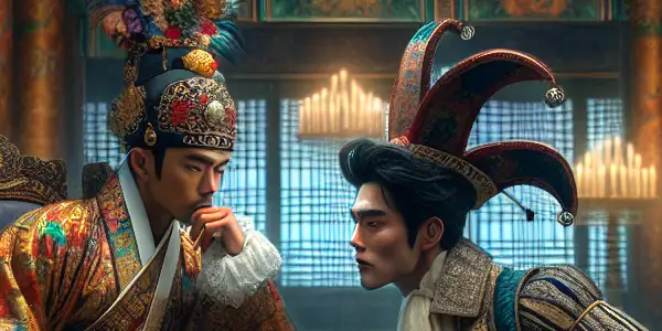 A king and court jester interact in a lavish Korean palace, filled with tension and complex emotions.