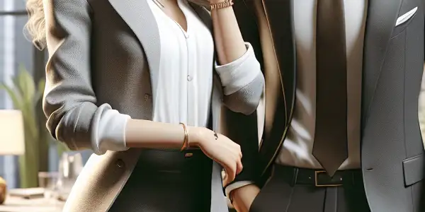 A modern Japanese office scene featuring a confident woman and a nervous man in a flirtatious exchange.