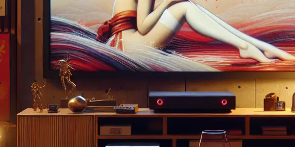 A cozy living room with a large screen, wine, popcorn, and elegant decor, evoking a classic movie night ambiance.