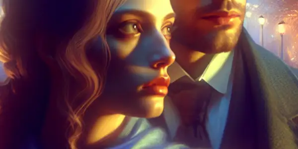 A romantic moment between two characters, set in a softly lit city at dusk, conveying deep emotions and longing.