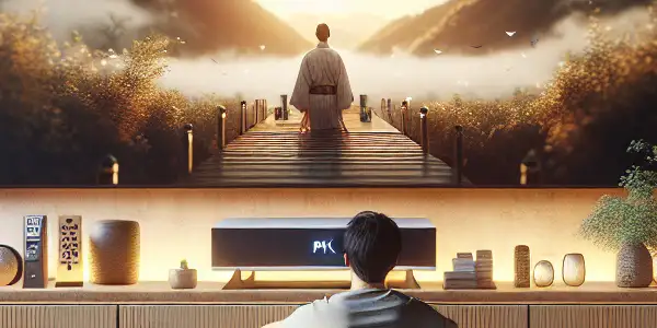 A cozy living room with a person enjoying a blurred Japanese film on a large screen, emphasizing comfort and privacy.