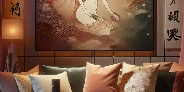 A cozy living room featuring modern adult toys and a large screen displaying abstract visuals, evoking intimacy and exploration.