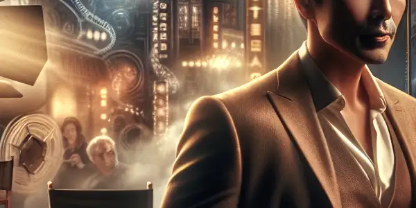 A vibrant film set featuring a charismatic male actor, blending elements of mainstream and adult film storytelling.