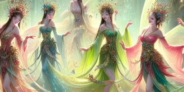 Seven fairies in colorful robes dance playfully in an enchanted forest, surrounded by mystical flowers and sparkling streams.