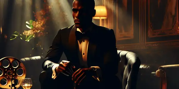 A glamorous spy in a tuxedo stands in a dimly lit hotel room filled with vintage decor and adult film hints.