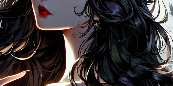 A hauntingly beautiful female figure with long black hair in a dark, misty forest, embodying allure and menace.