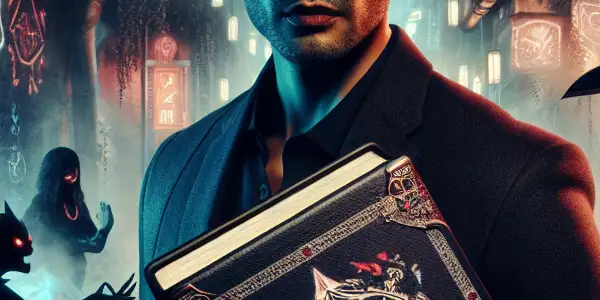 A young man holds a mysterious black notebook in a dark, neon-lit Tokyo alley, surrounded by ghostly silhouettes.