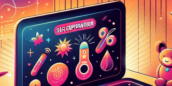 A cozy bedroom with a computer displaying adult content, surrounded by playful toys and relationship literature.