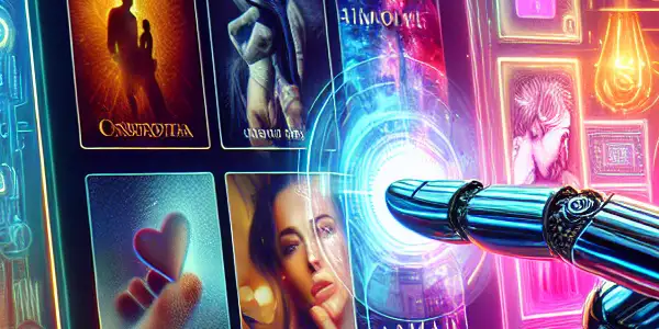 A futuristic online shopping platform for adult entertainment, featuring a touchscreen with diverse film categories and vibrant digital elements.