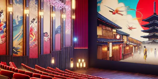 A vibrant retro cinema scene showcasing plush seating and a large screen, evoking classic Japanese adult film aesthetics.