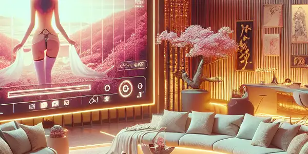 A futuristic living room featuring high-tech entertainment, plush furnishings, and subtle Japanese cultural elements.